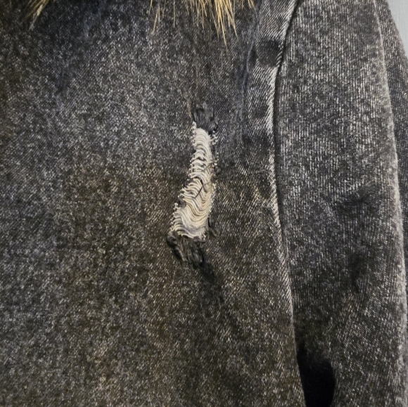 Women's Long Hooded Parka Faux Fur Distressed Black Denim Statement Jacket - Picture 5 of 15